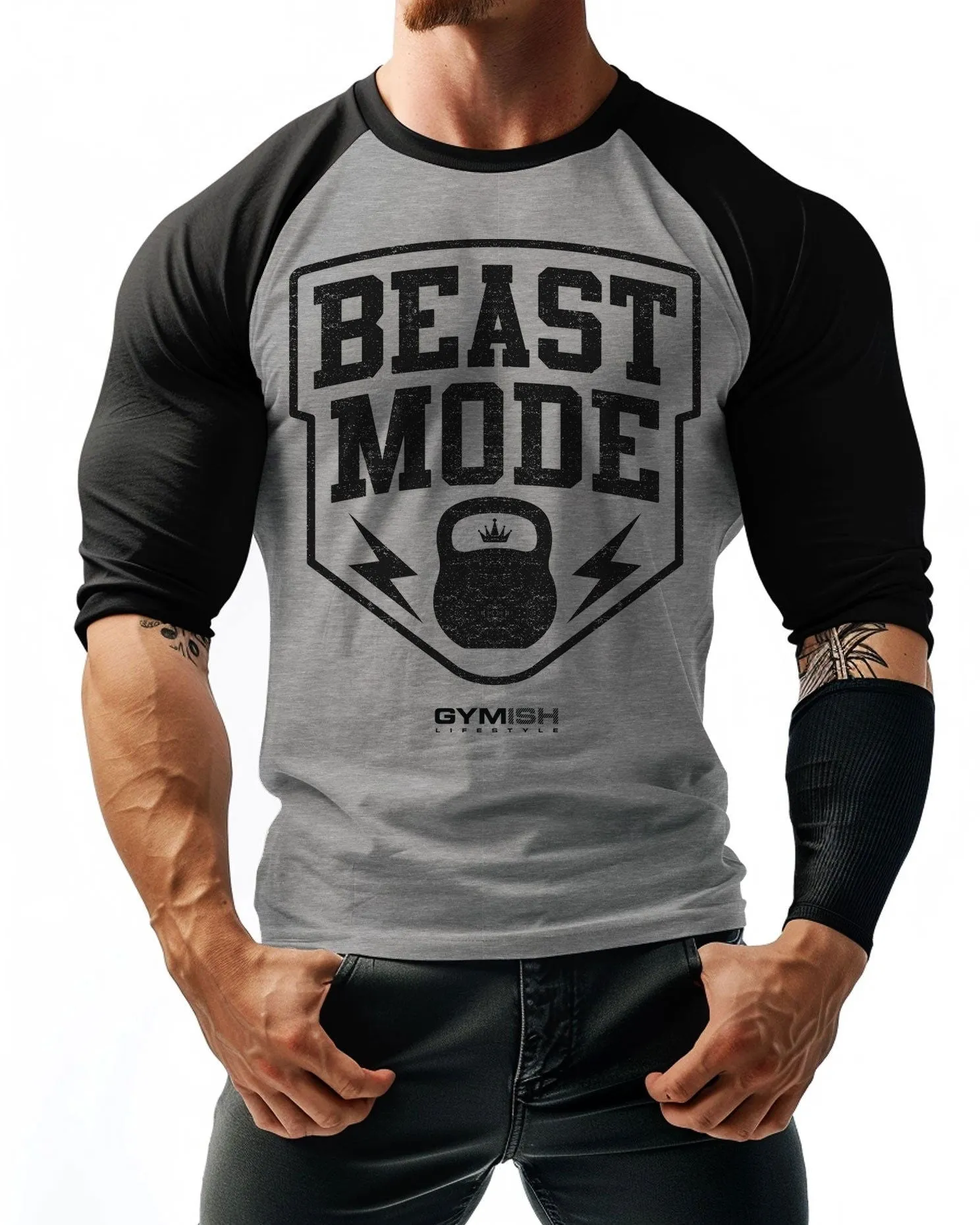 007. RAGLAN Beast Mode Workout Funny Gym T-Shirt  for Men