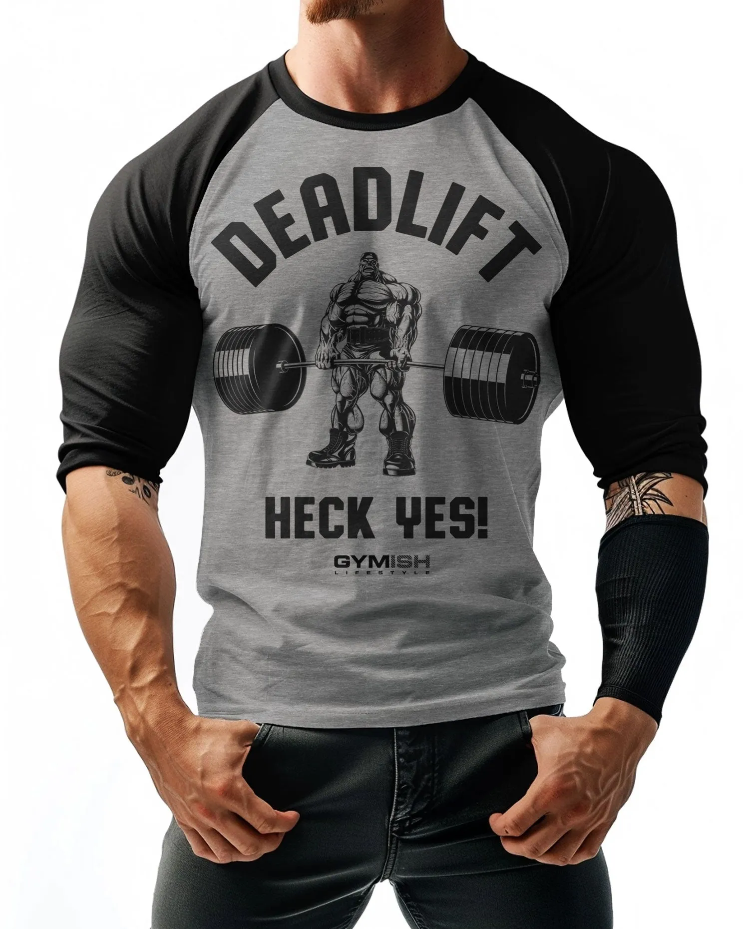 023. RAGLAN Deadlifts Heck Yes Funny Workout Gym T-Shirt for Men