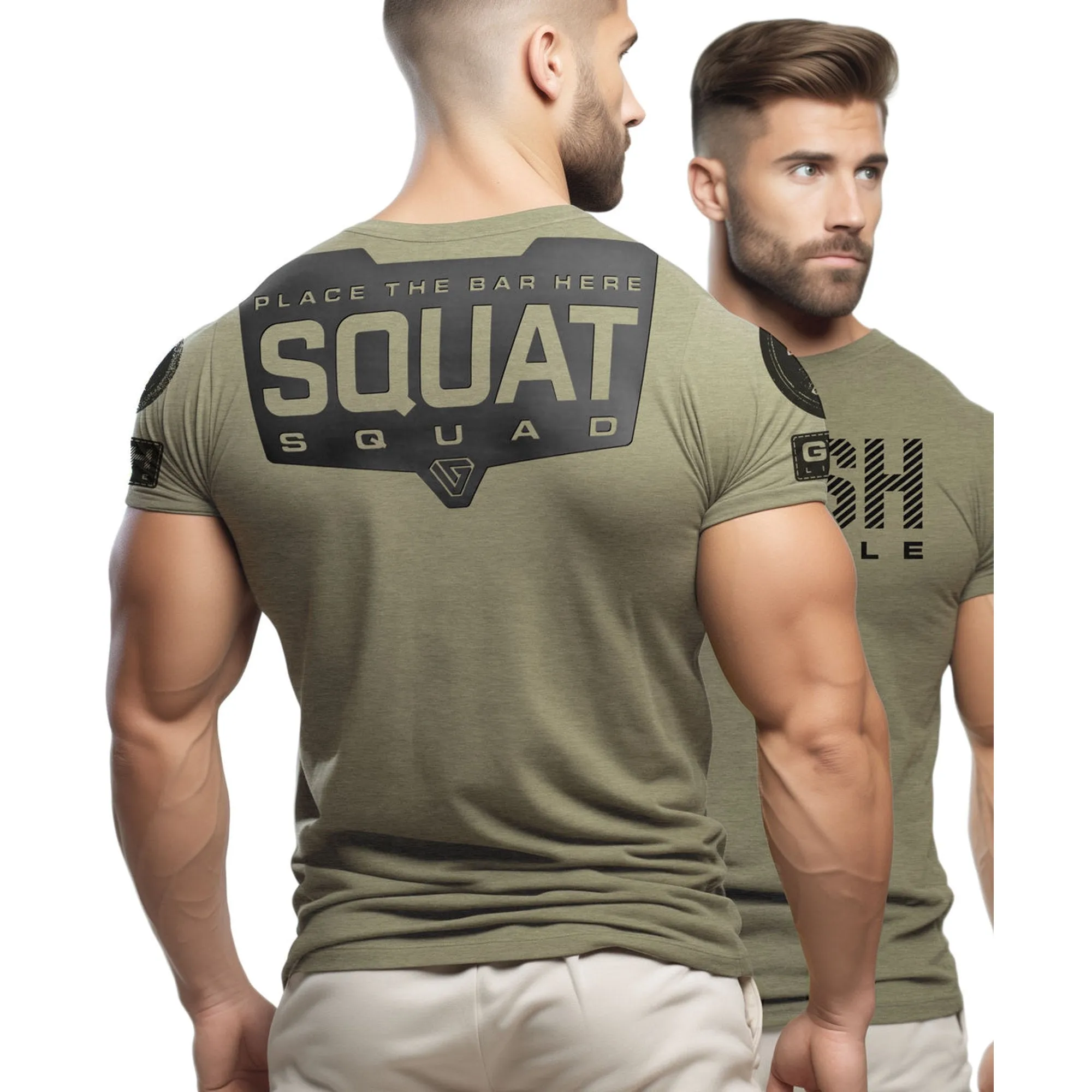 094. Squat Squad Rubber Back Design Funny Workout Gym T-Shirt for Men