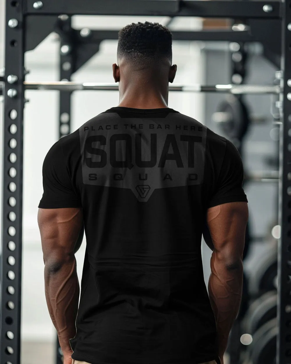 094. Squat Squad Rubber Back Design Funny Workout Gym T-Shirt for Men