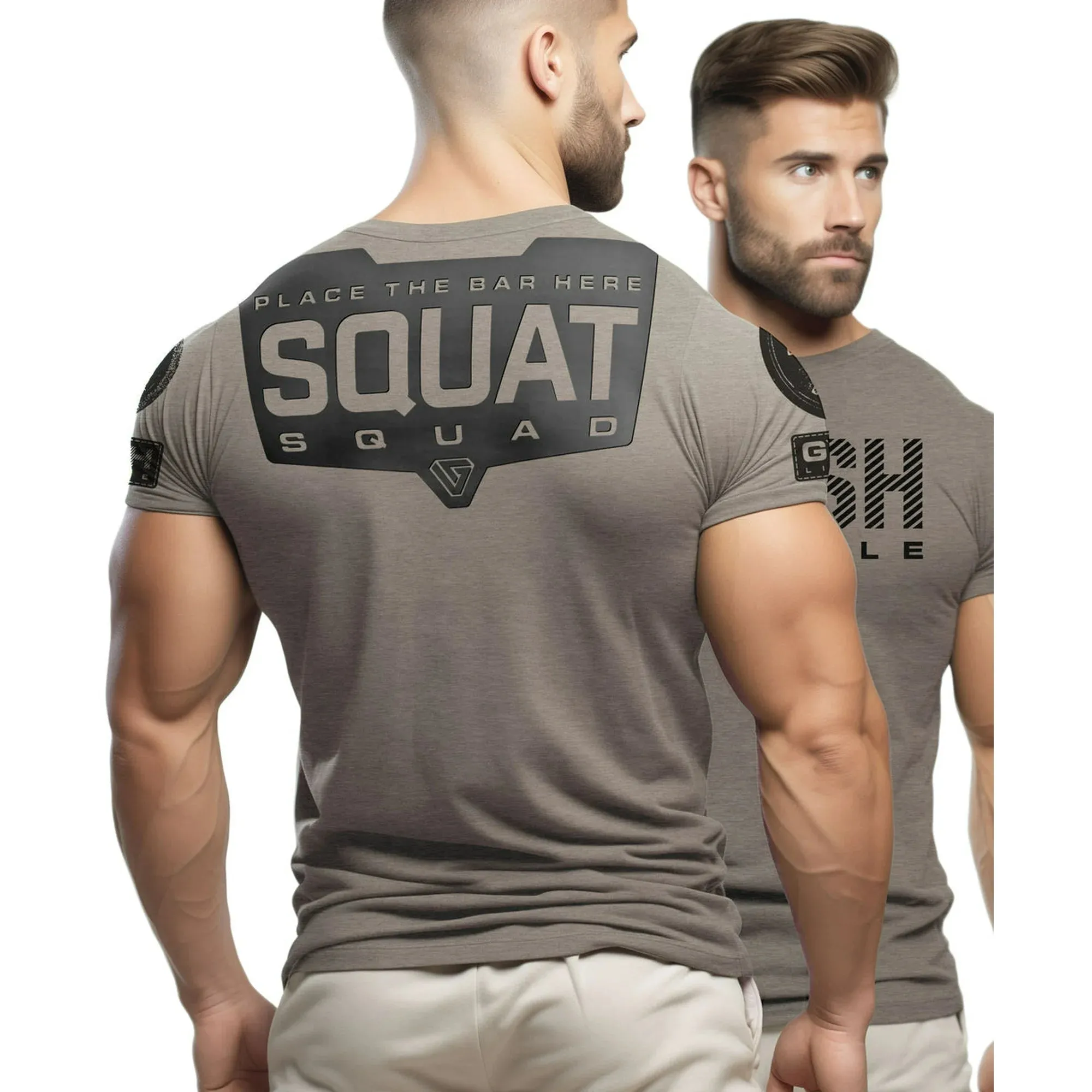 094. Squat Squad Rubber Back Design Funny Workout Gym T-Shirt for Men