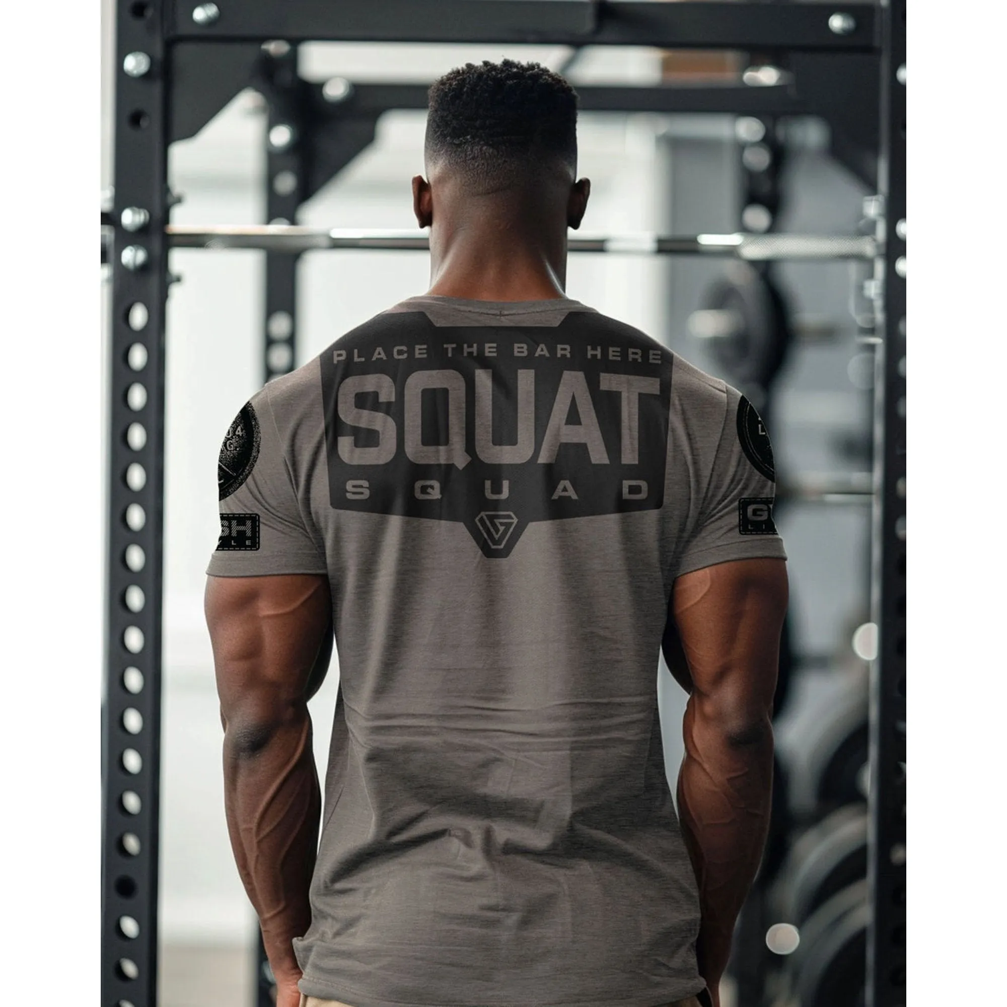 094. Squat Squad Rubber Back Design Funny Workout Gym T-Shirt for Men