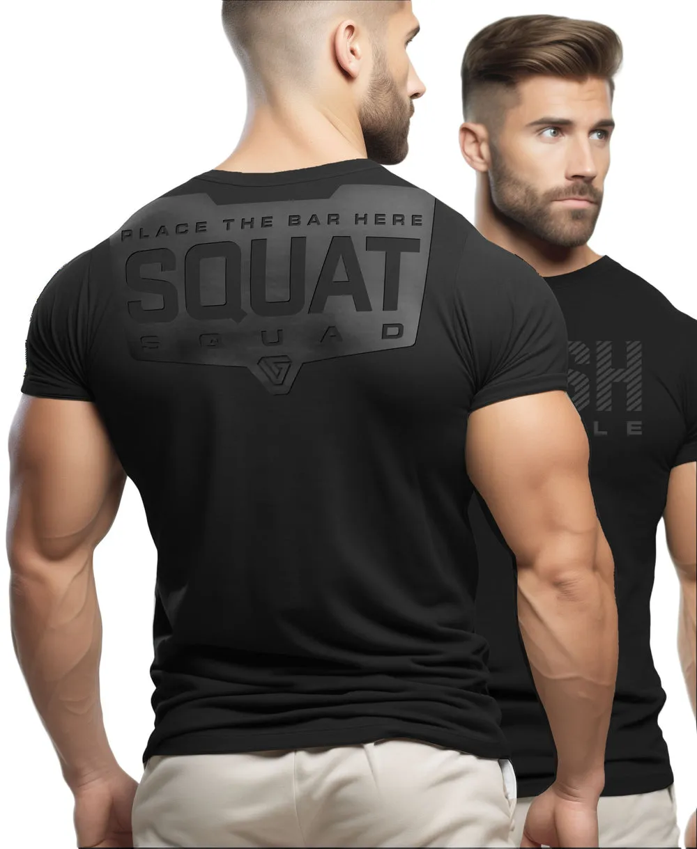094. Squat Squad Rubber Back Design Funny Workout Gym T-Shirt for Men