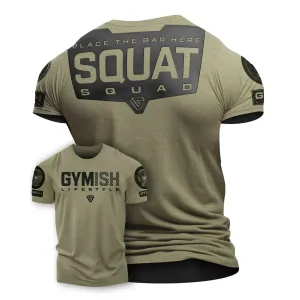 094. Squat Squad Rubber Back Design Funny Workout Gym T-Shirt for Men