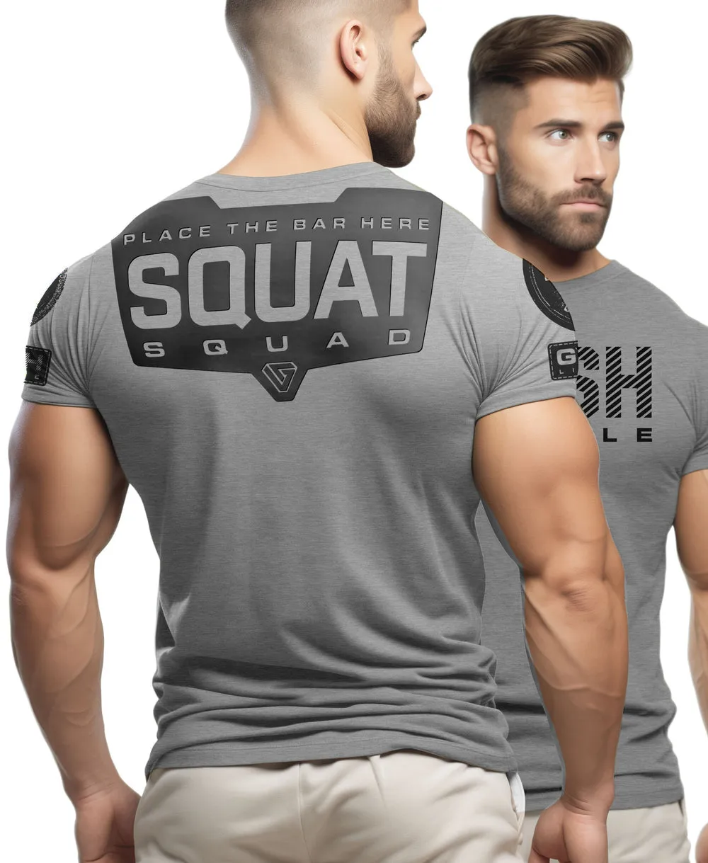 094. Squat Squad Rubber Back Design Funny Workout Gym T-Shirt for Men