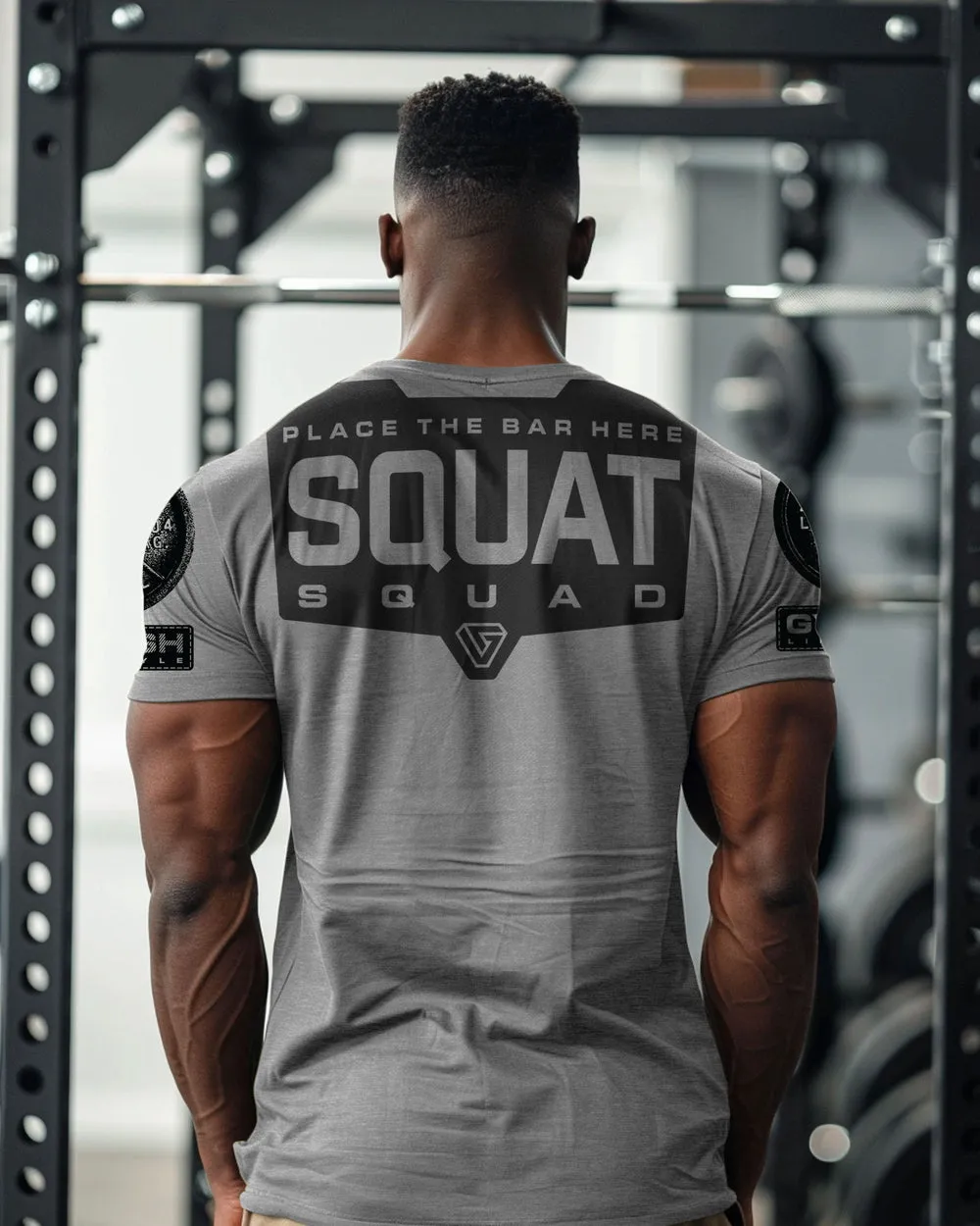 094. Squat Squad Rubber Back Design Funny Workout Gym T-Shirt for Men