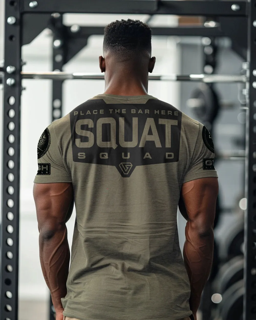 094. Squat Squad Rubber Back Design Funny Workout Gym T-Shirt for Men