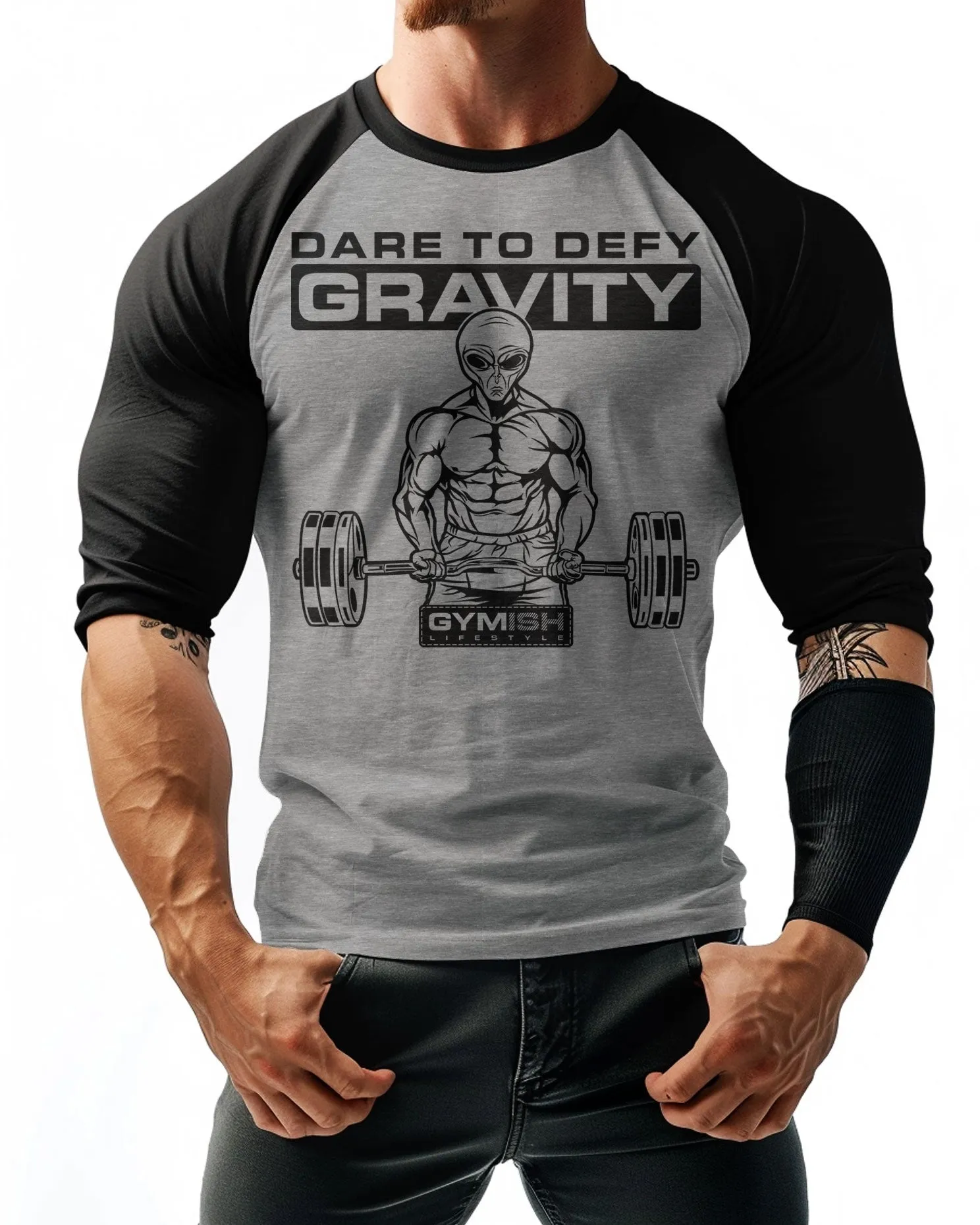 104a. RAGLAN Dare To Defy Gravity Funny Workout Gym T-Shirt for Men