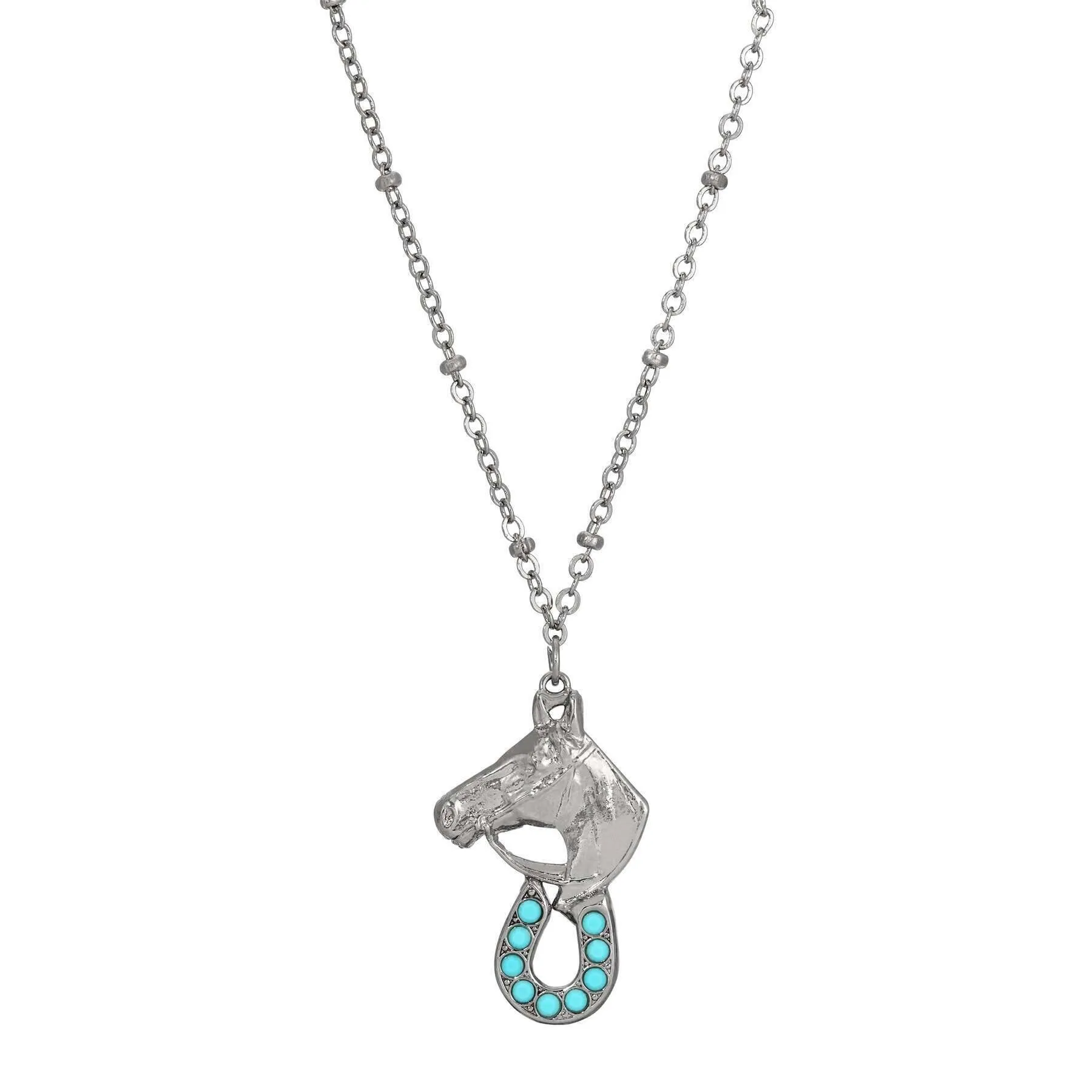 1928 Jewelry Equestrian Elegance Turquoise Crystal Pendant Necklace 16"   3" Extension