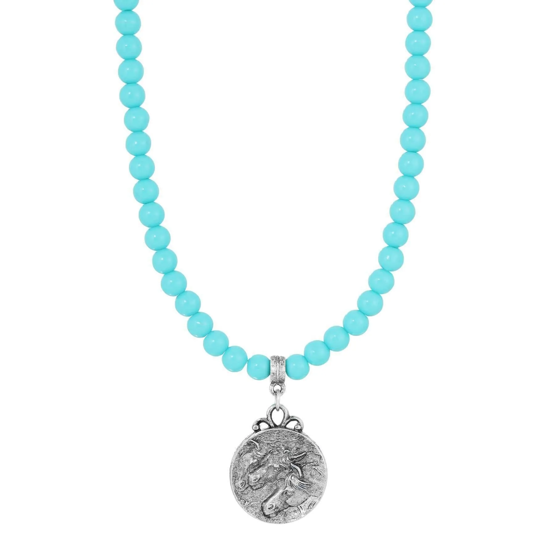 1928 Jewelry Turquoise Beaded Strand Horse Pendant Necklace 15"   3" Extender