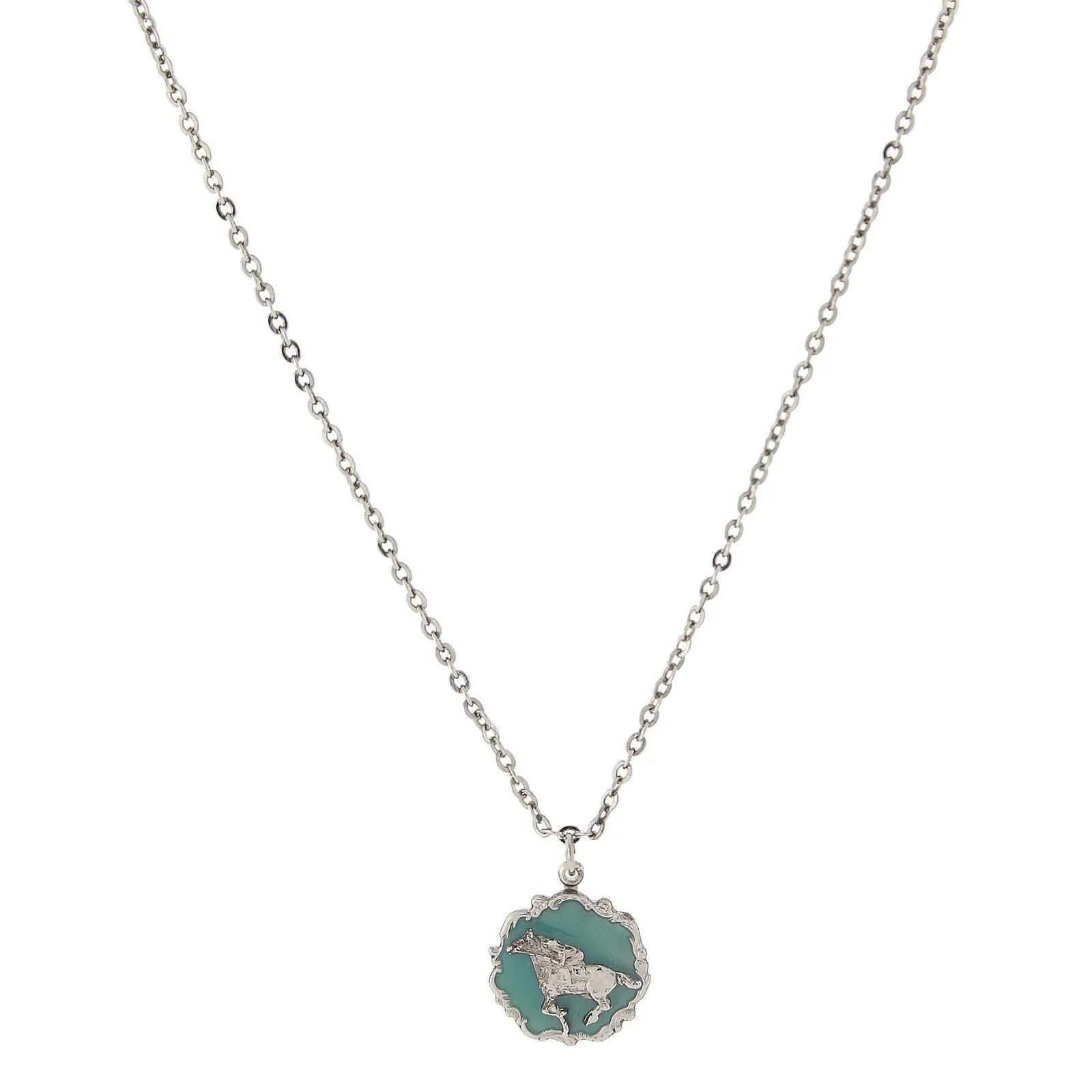 1928 Jewelry Turquoise Color Enamel Horse Pendant Necklace 16"   3" Extender
