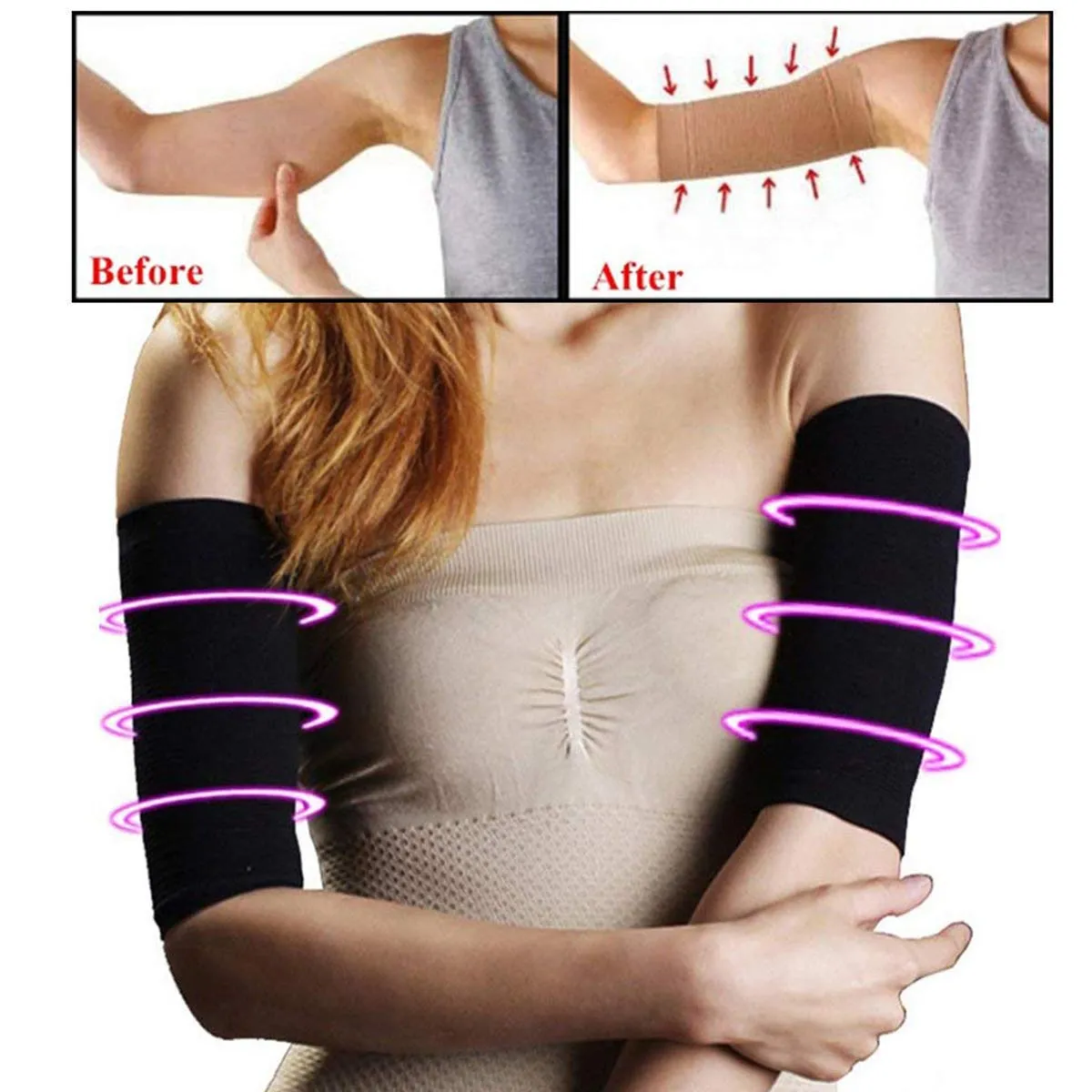 2 Pair Elastic Compression Arm Sleeves Women Weight Loss Calories Slimming Arm Shaper Massager Arm Belt Slimming Compression Arm Shaper Helps Shape Upper Arms Sleeve for Sport Fitness, Black   Nude