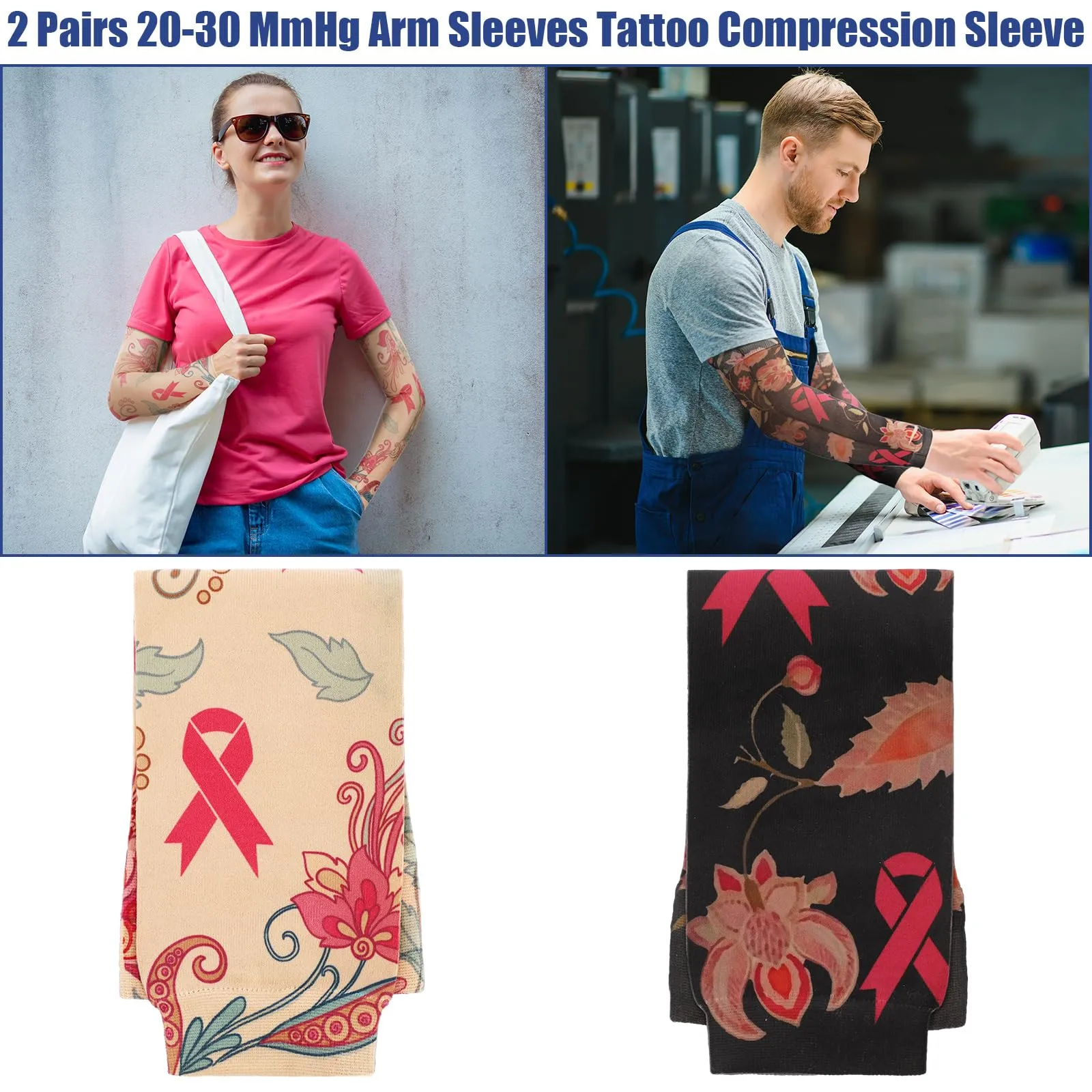 2 Pairs Lymphedema Compression Arm Sleeves Breast Cancer Awareness Sleeves Floral Arm Sleeves Tattoo Sleeve Gardening Sun Protection Sleeves Sport Sleeves for Women Men