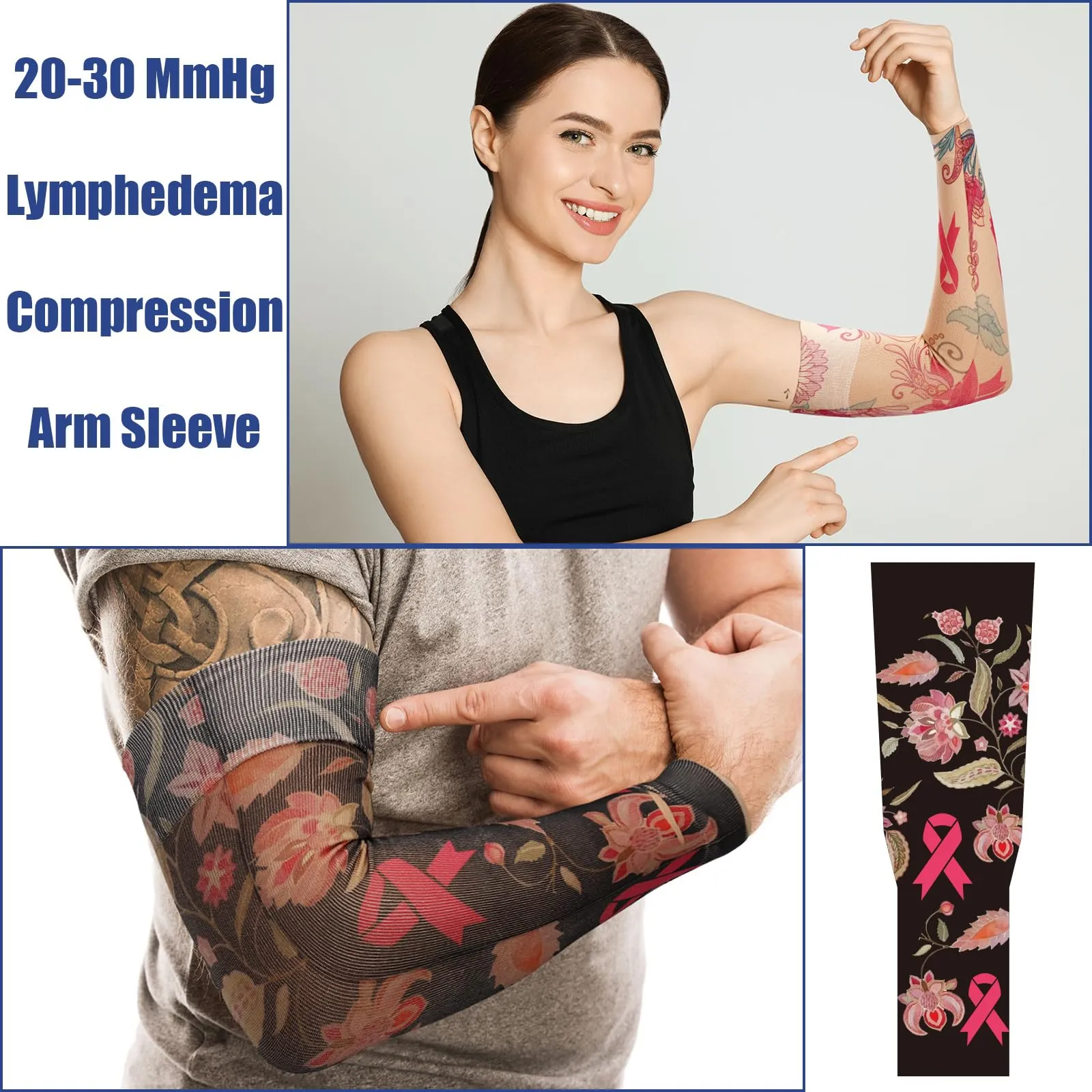 2 Pairs Lymphedema Compression Arm Sleeves Breast Cancer Awareness Sleeves Floral Arm Sleeves Tattoo Sleeve Gardening Sun Protection Sleeves Sport Sleeves for Women Men