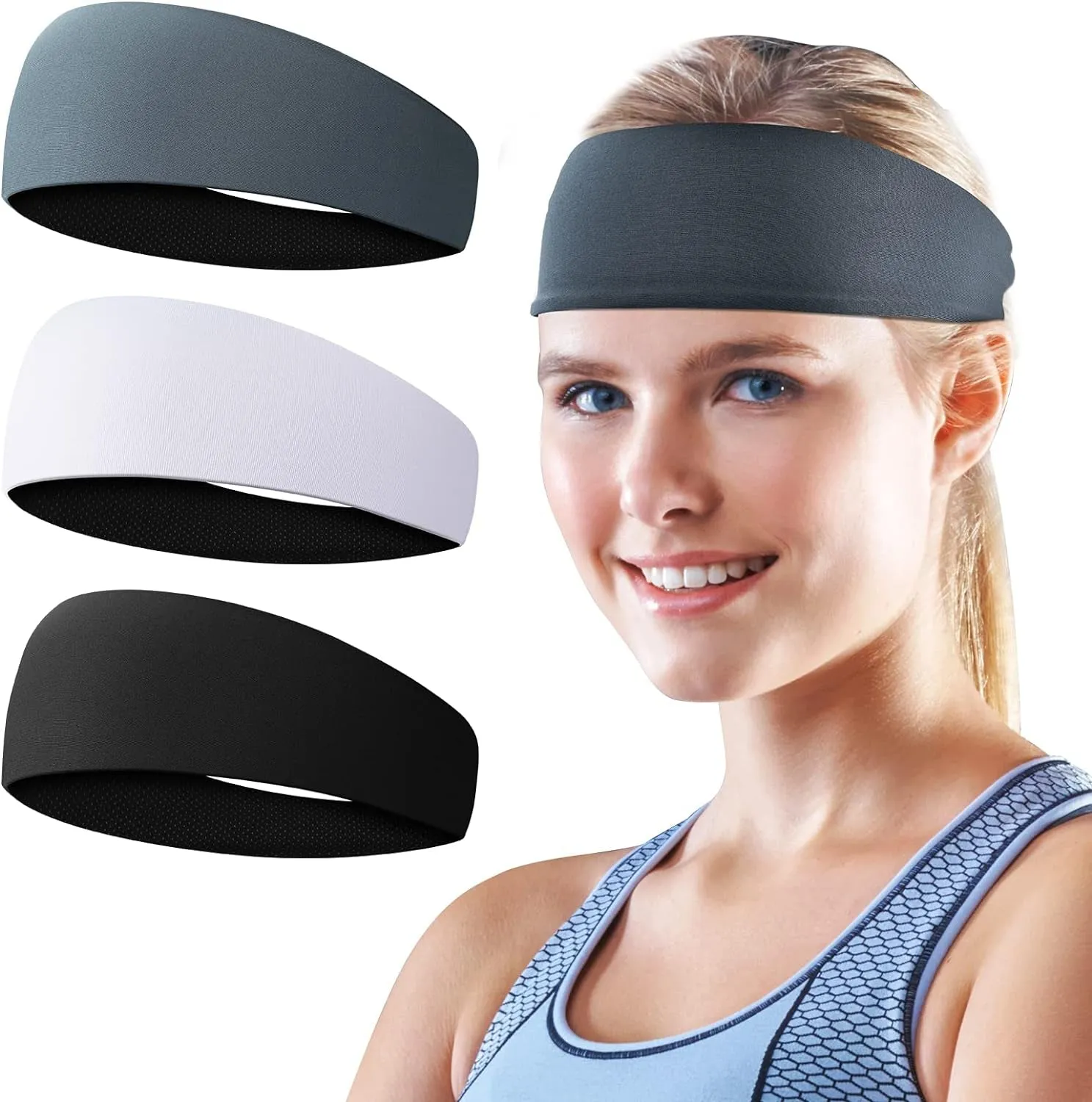 2 PCS Elastic Sports Headbands for Men/Women - With Inner Grip Strip to Keep Headband Securely in Place | Fits ALL HEAD SIZES | Sweat Wicking Fabric to Keep your Head Dry & Cool