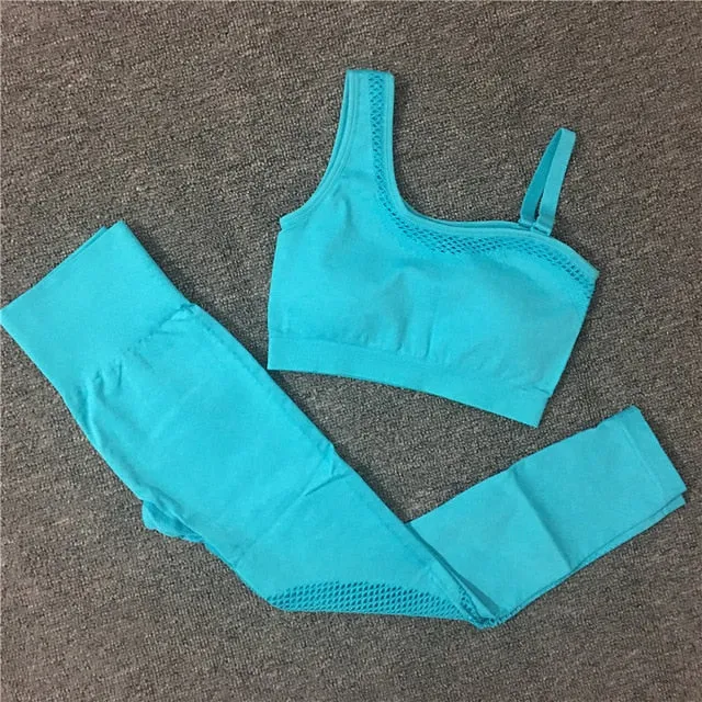 2021 Seamless Yoga Set Women Gym Sportswear Outfit Yoga Pant Leggings Pad One Shoulder Sports Bra 2 Pcs Workout Cloth Tracksuit