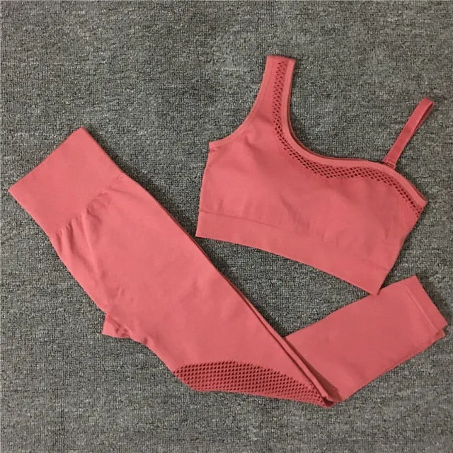 2021 Seamless Yoga Set Women Gym Sportswear Outfit Yoga Pant Leggings Pad One Shoulder Sports Bra 2 Pcs Workout Cloth Tracksuit