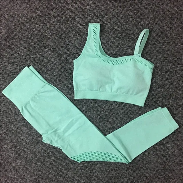 2021 Seamless Yoga Set Women Gym Sportswear Outfit Yoga Pant Leggings Pad One Shoulder Sports Bra 2 Pcs Workout Cloth Tracksuit