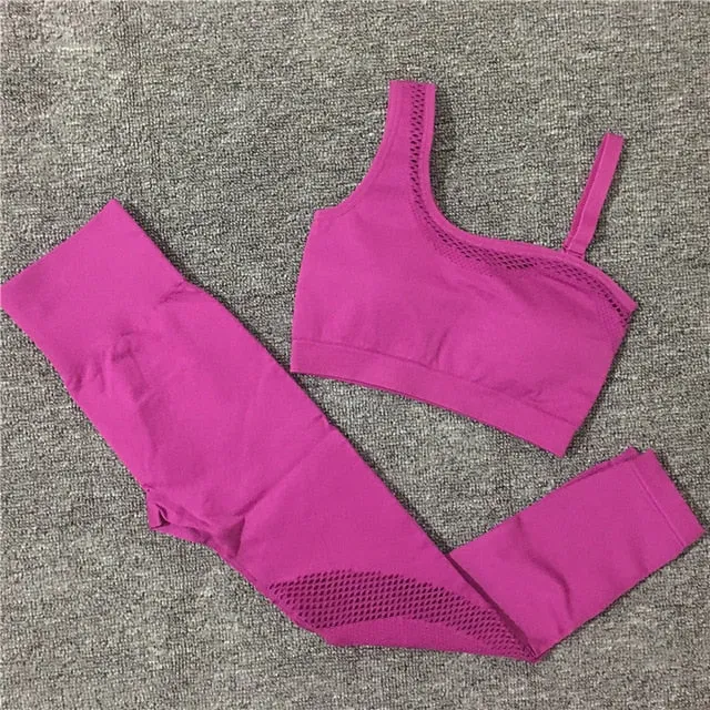 2021 Seamless Yoga Set Women Gym Sportswear Outfit Yoga Pant Leggings Pad One Shoulder Sports Bra 2 Pcs Workout Cloth Tracksuit