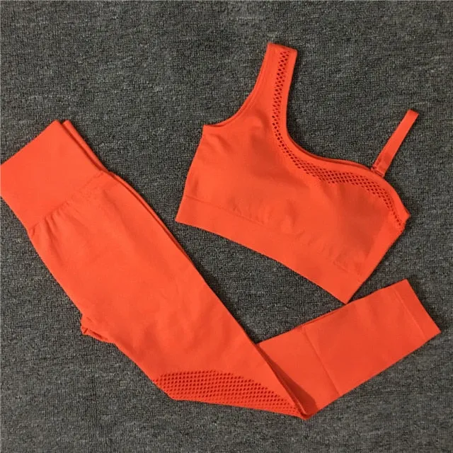 2021 Seamless Yoga Set Women Gym Sportswear Outfit Yoga Pant Leggings Pad One Shoulder Sports Bra 2 Pcs Workout Cloth Tracksuit