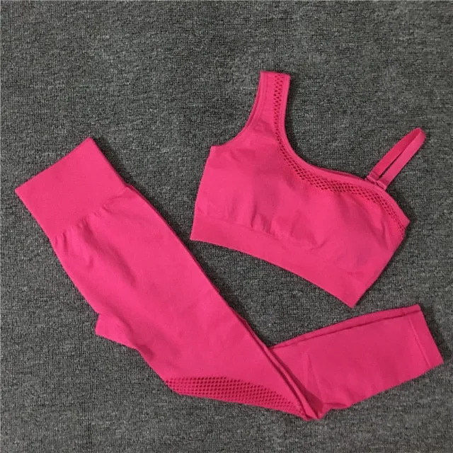 2021 Seamless Yoga Set Women Gym Sportswear Outfit Yoga Pant Leggings Pad One Shoulder Sports Bra 2 Pcs Workout Cloth Tracksuit