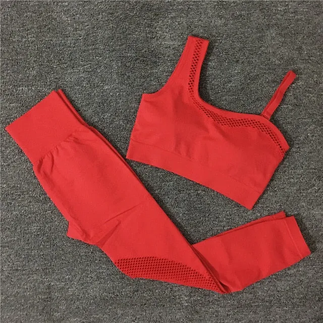 2021 Seamless Yoga Set Women Gym Sportswear Outfit Yoga Pant Leggings Pad One Shoulder Sports Bra 2 Pcs Workout Cloth Tracksuit