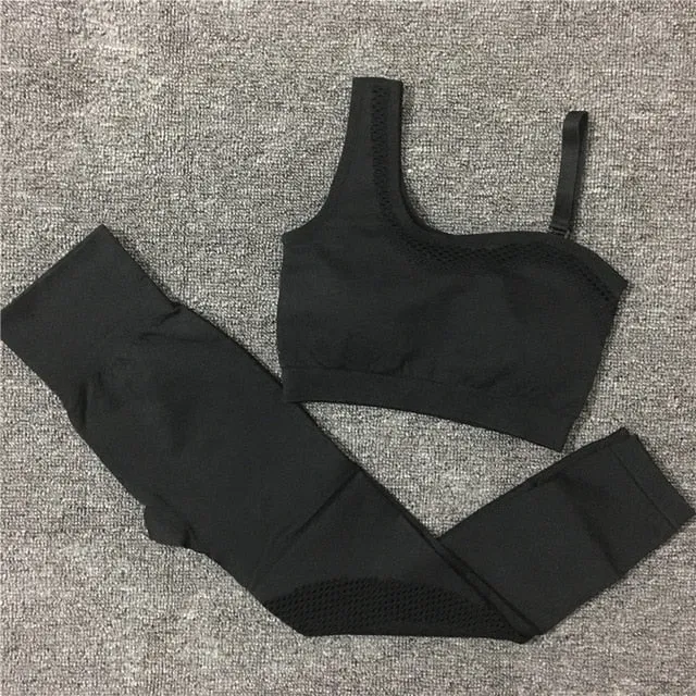 2021 Seamless Yoga Set Women Gym Sportswear Outfit Yoga Pant Leggings Pad One Shoulder Sports Bra 2 Pcs Workout Cloth Tracksuit