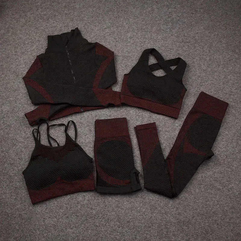 2/3/5 PCS Seamless Women Yoga Set Workout Sportswear Gym Clothing Fitness Long Sleeve Crop Top High Waist Leggings Sports Suits