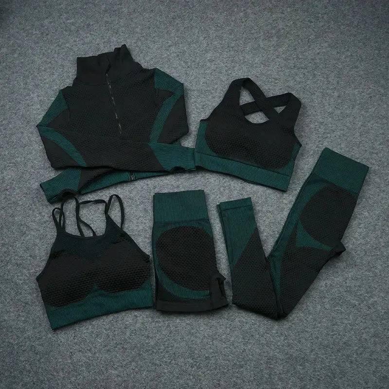 2/3/5 PCS Seamless Women Yoga Set Workout Sportswear Gym Clothing Fitness Long Sleeve Crop Top High Waist Leggings Sports Suits