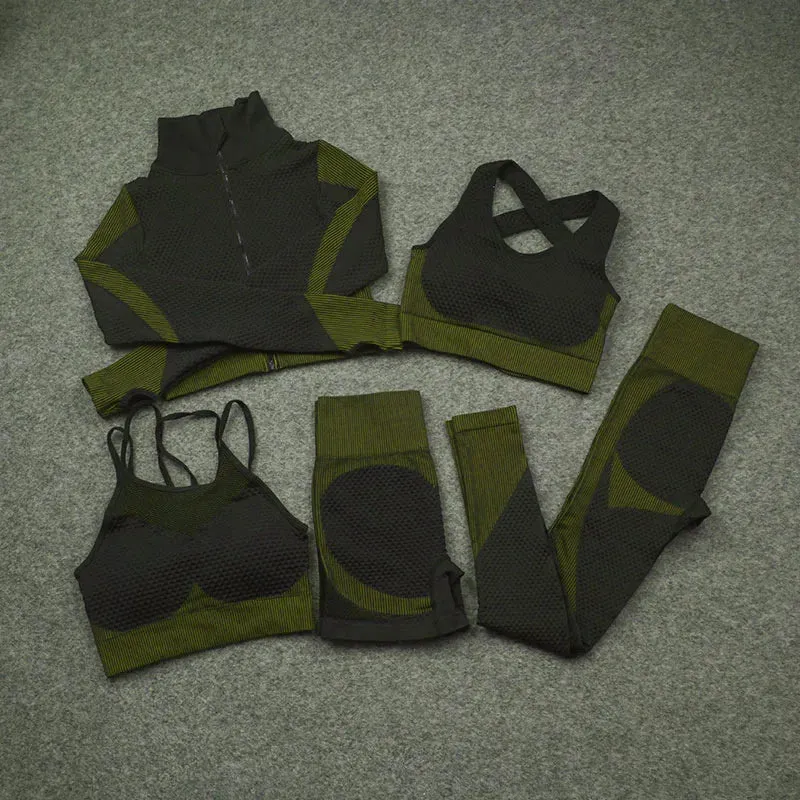 2/3/5 PCS Seamless Women Yoga Set Workout Sportswear Gym Clothing Fitness Long Sleeve Crop Top High Waist Leggings Sports Suits
