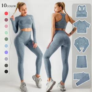 2/3/5PCS Seamless Women Yoga Set Workout Sportswear Gym Clothing Fitness Long Sleeve Crop Top High Waist Leggings Sports Suits