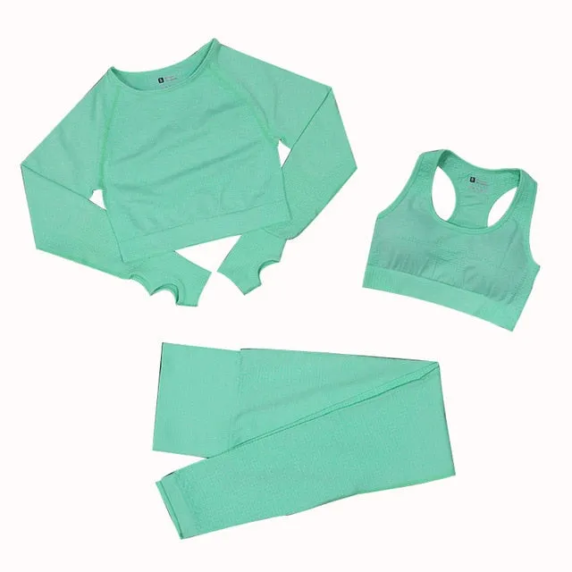 2/3/5PCS Seamless Women Yoga Set Workout Sportswear Gym Clothing Fitness Long Sleeve Crop Top High Waist Leggings Sports Suits