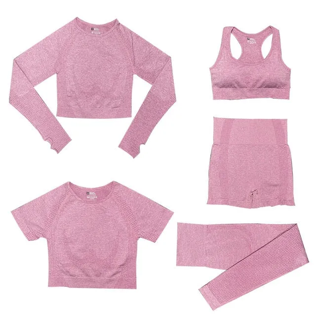 2/3/5PCS Seamless Women Yoga Set Workout Sportswear Gym Clothing Fitness Long Sleeve Crop Top High Waist Leggings Sports Suits