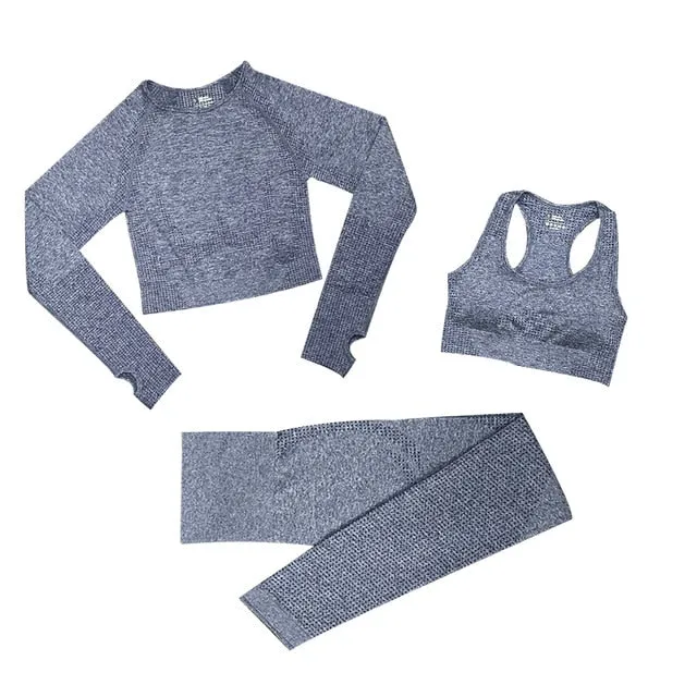 2/3/5PCS Seamless Women Yoga Set Workout Sportswear Gym Clothing Fitness Long Sleeve Crop Top High Waist Leggings Sports Suits