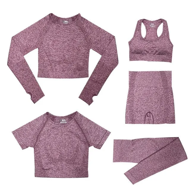 2/3/5PCS Seamless Women Yoga Set Workout Sportswear Gym Clothing Fitness Long Sleeve Crop Top High Waist Leggings Sports Suits