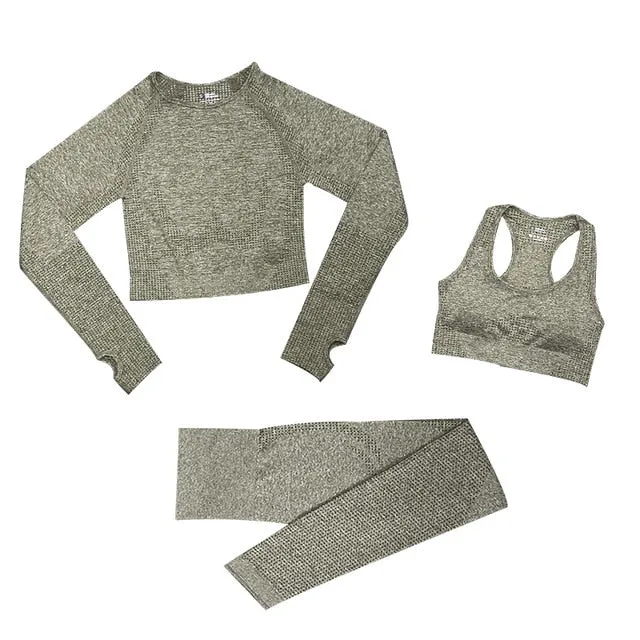2/3/5PCS Seamless Women Yoga Set Workout Sportswear Gym Clothing Fitness Long Sleeve Crop Top High Waist Leggings Sports Suits