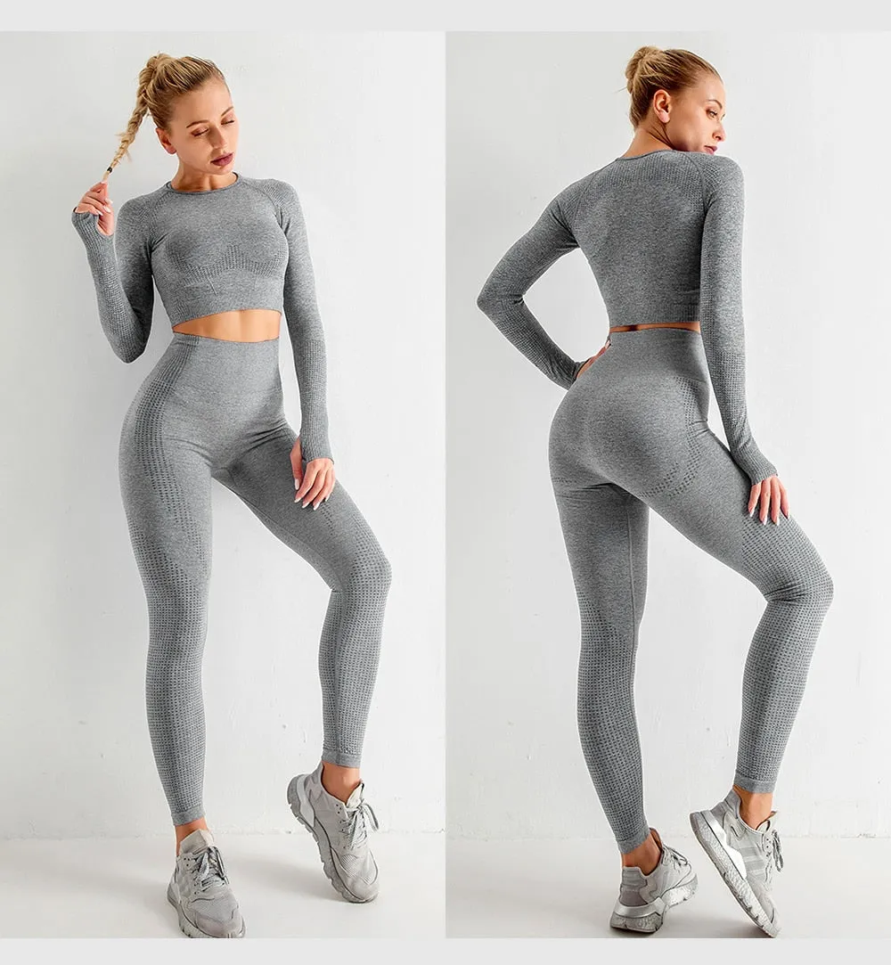 2/3/5PCS Seamless Women Yoga Set Workout Sportswear Gym Clothing Fitness Long Sleeve Crop Top High Waist Leggings Sports Suits