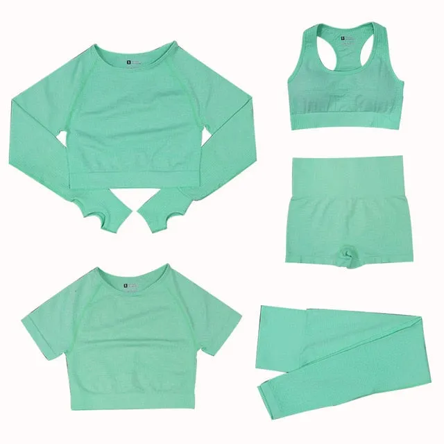 2/3/5PCS Seamless Women Yoga Set Workout Sportswear Gym Clothing Fitness Long Sleeve Crop Top High Waist Leggings Sports Suits