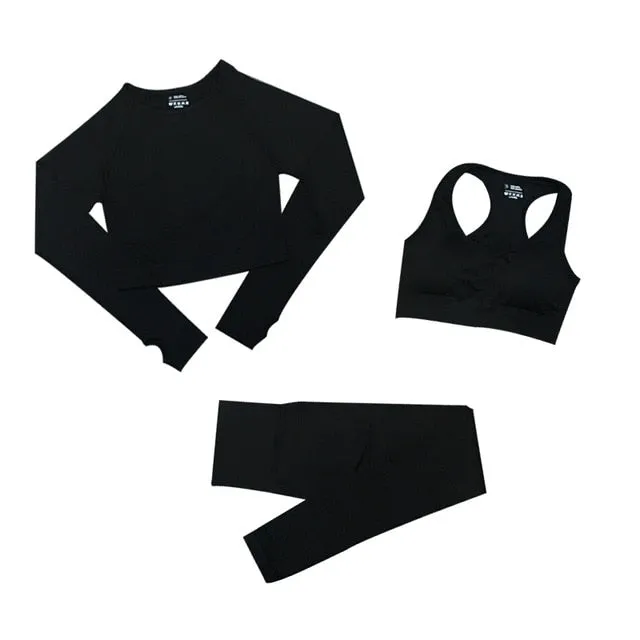 2/3/5PCS Seamless Women Yoga Set Workout Sportswear Gym Clothing Fitness Long Sleeve Crop Top High Waist Leggings Sports Suits