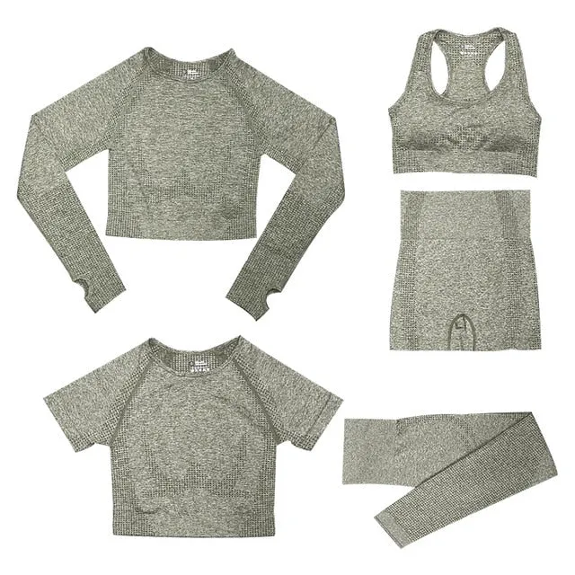 2/3/5PCS Seamless Women Yoga Set Workout Sportswear Gym Clothing Fitness Long Sleeve Crop Top High Waist Leggings Sports Suits