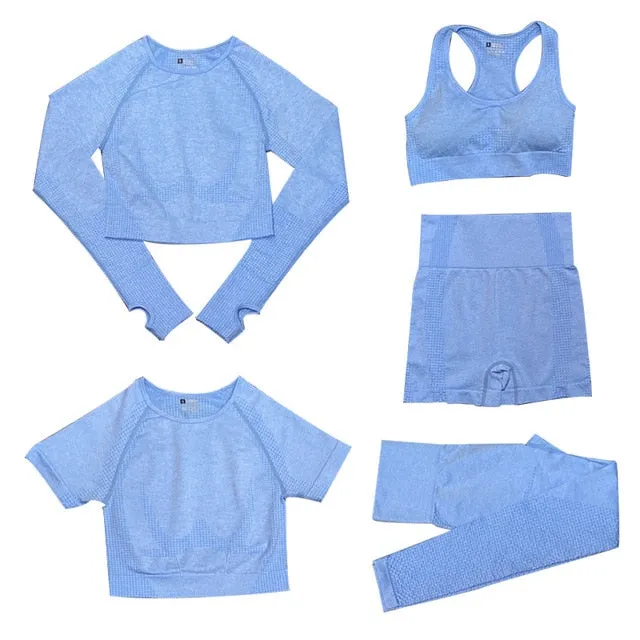 2/3/5PCS Seamless Women Yoga Set Workout Sportswear Gym Clothing Fitness Long Sleeve Crop Top High Waist Leggings Sports Suits