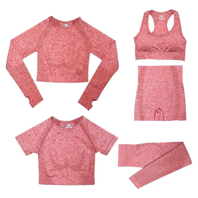 2/3/5PCS Seamless Women Yoga Set Workout Sportswear Gym Clothing Fitness Long Sleeve Crop Top High Waist Leggings Sports Suits