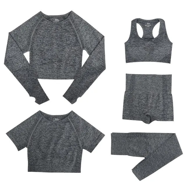 2/3/5PCS Seamless Women Yoga Set Workout Sportswear Gym Clothing Fitness Long Sleeve Crop Top High Waist Leggings Sports Suits