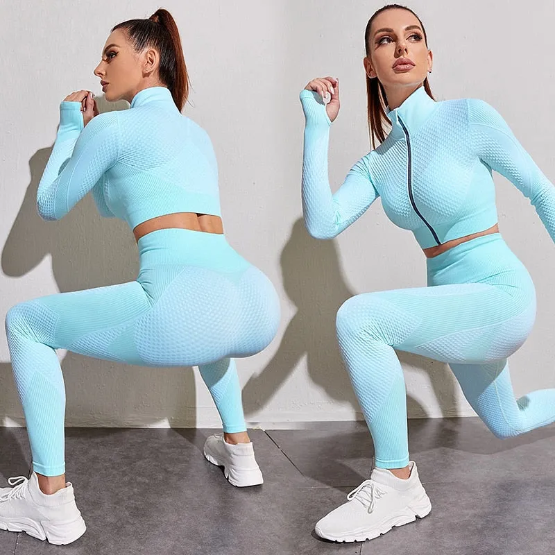 2/3PCS Seamless Women Yoga Set Workout Sportswear Gym Clothing Fitness Long Sleeve Crop Top High Waist Leggings Sports Suits