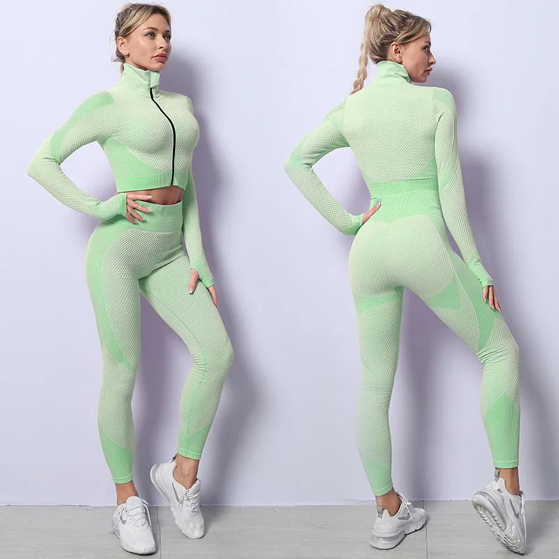 2/3PCS Seamless Women Yoga Set Workout Sportswear Gym Clothing Fitness Long Sleeve Crop Top High Waist Leggings Sports Suits