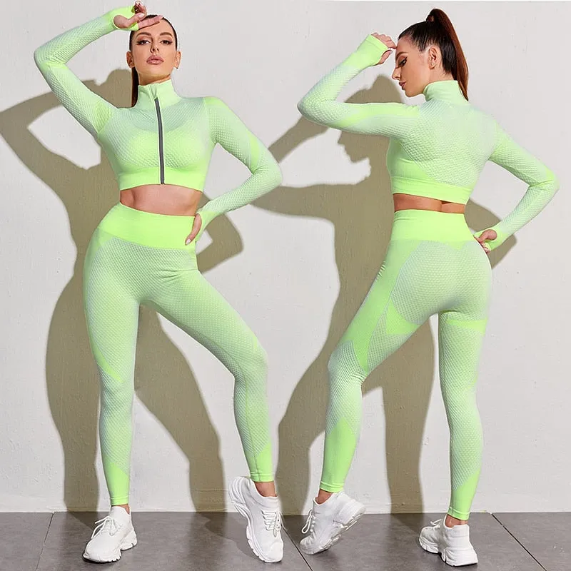 2/3PCS Seamless Women Yoga Set Workout Sportswear Gym Clothing Fitness Long Sleeve Crop Top High Waist Leggings Sports Suits