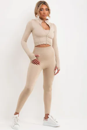 3 Piece Gym Set Ribbed Co Ord Beige
