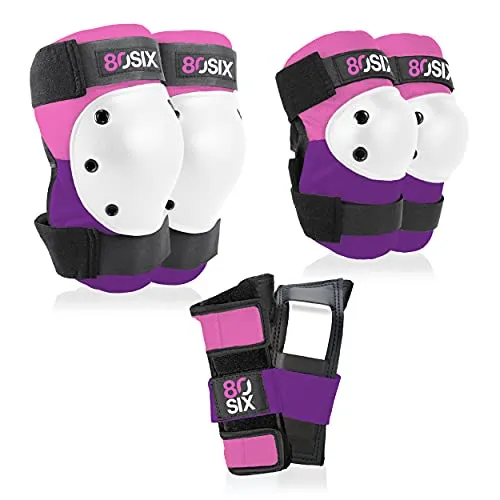 80Six Kids’ Multi-Sport Pad Set with Wristguards, Elbow Pads, and Knee Pads, Pink Purple, Junior - Ages 5 