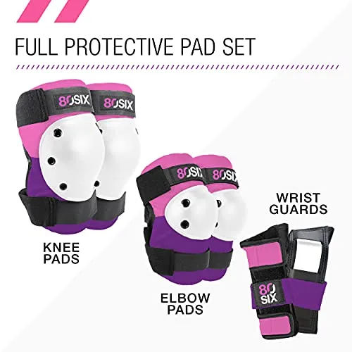 80Six Kids’ Multi-Sport Pad Set with Wristguards, Elbow Pads, and Knee Pads, Pink Purple, Junior - Ages 5 