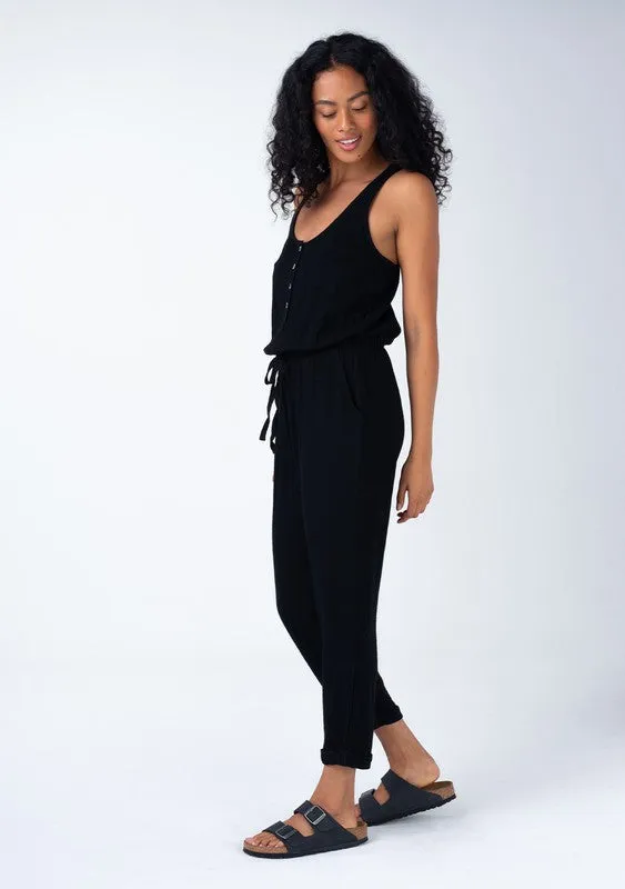 Abigail Sleeveless Racerback Drawstring Waist Linen Jumpsuit Black
